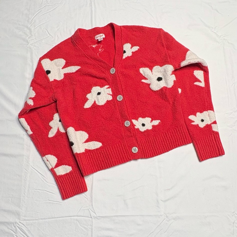 Cat & Jack Red Cardigan with White Floral Pattern
